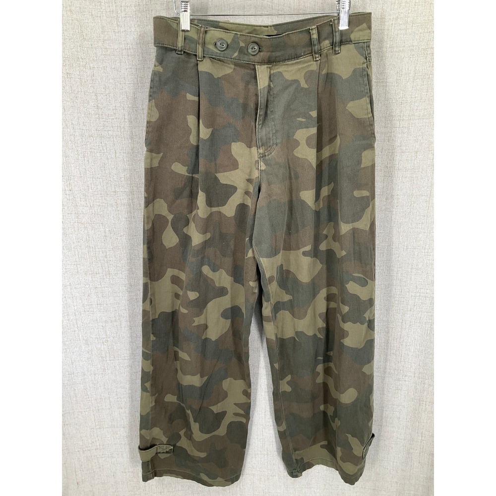 Zara Camo Pants Women M Green Camouflage Utility Pleated Wide Leg Baggy Edgy